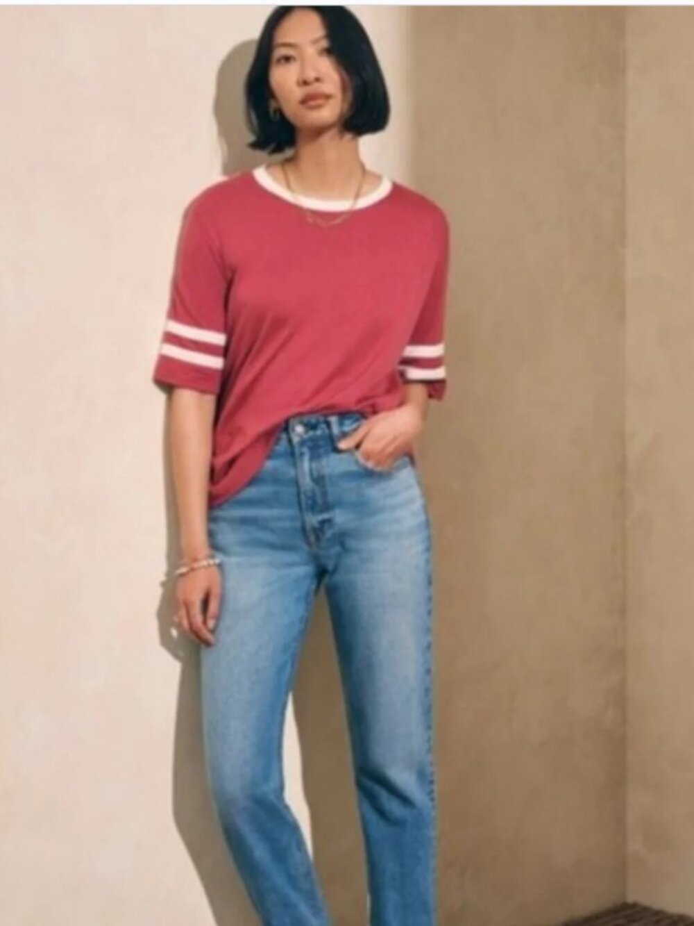 Faherty Berry Pink White Varsity Stripe Cloud Cotton Ringer Tee Shirt Top Small
